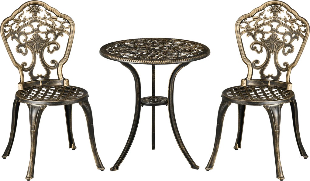 Outsunny Conjunto bistrô para jardim em alumínio 3 peças 2 cadeiras + mesa redonda com efeito ferro forjado | Aosom Portugal