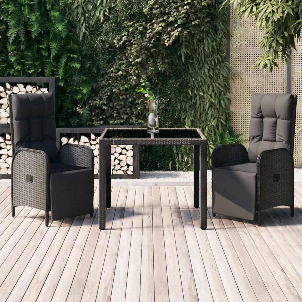vidaXL 3 pcs conjunto de jantar p/ jardim c/ almofadões vime PE preto