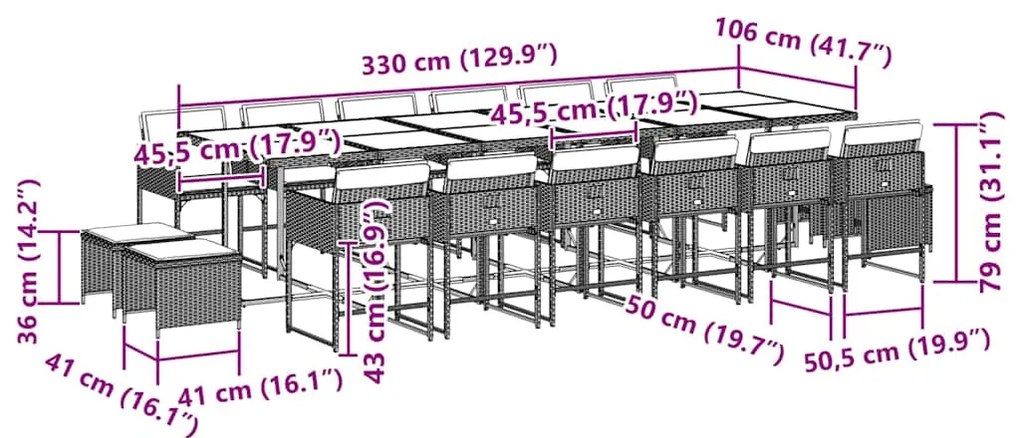 17 pcs conjunto de jantar p/ jardim c/ almofadões vime PE preto