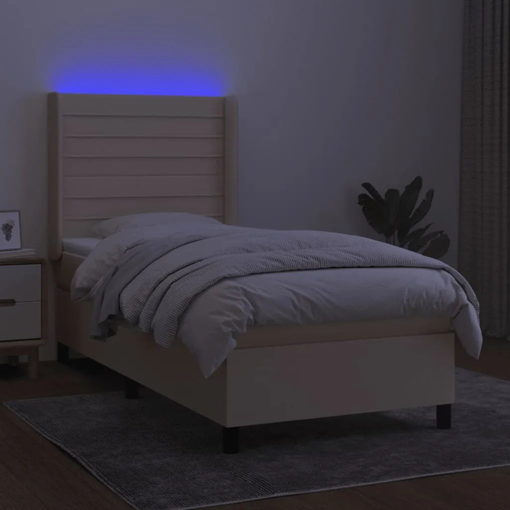 Cama box spring c/ colchão e LED 100x200 cm tecido cor creme