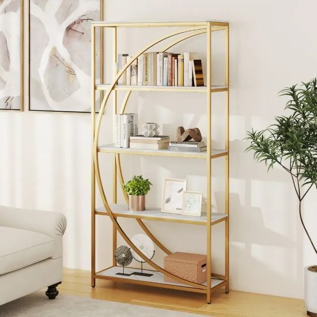 Estante de 5 níveis 86 x 30 x 175 cm com prateleiras de armazenamento abertas branco e Dourada