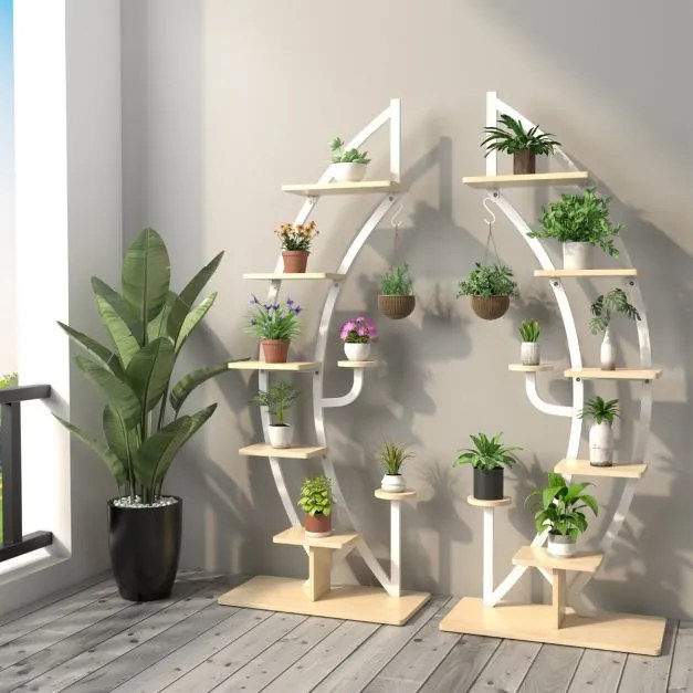 Conjunto de 2 Estantes Metálicas para Plantas 7 Níveis em Forma de Crescente Curvo com Gancho para Varanda 60x30x155 cm Brancas