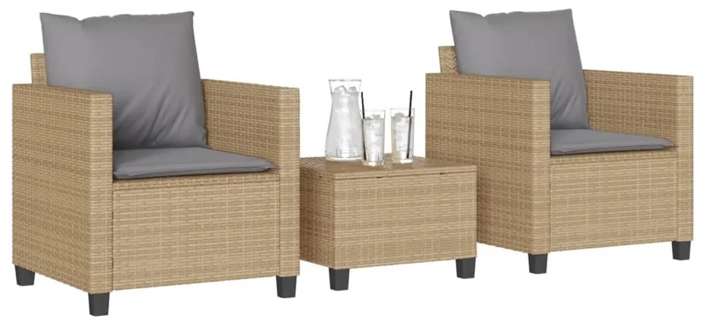 vidaXL 3 pcs conjunto bistrô com almofadões vime PE bege