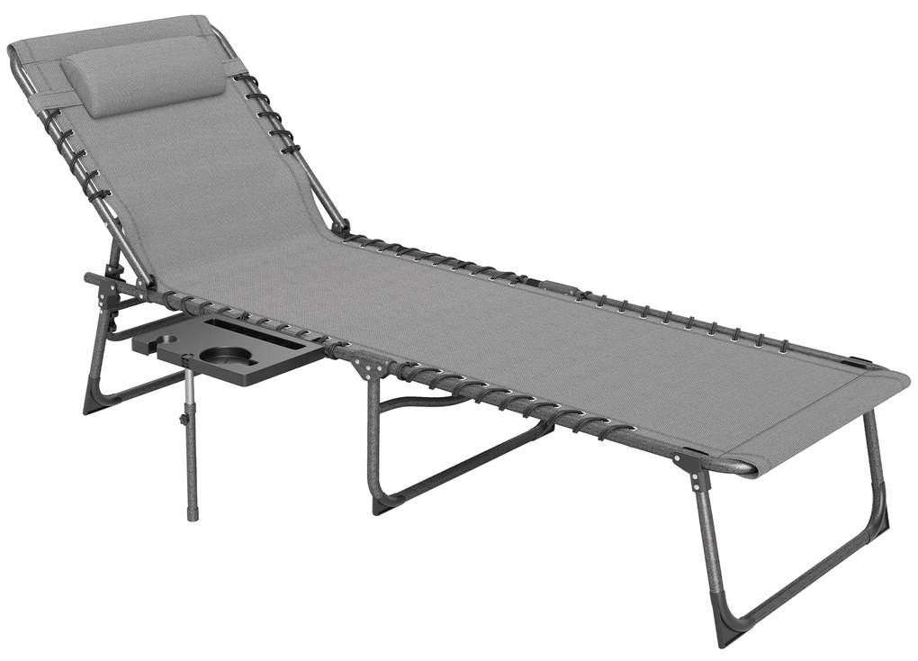 Outsunny Espreguiçadeira de Praia Dobrável Jardim Encosto Ajustável Apoio Cabeça Bolsa Lateral Bandeja Portátil 190x60x31 cm Cinza | Aosom Portugal