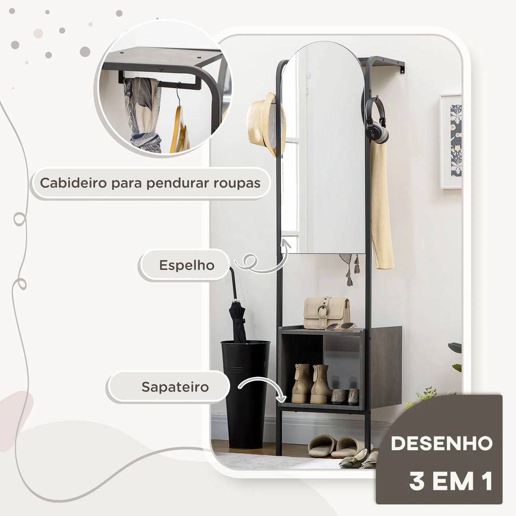 Móvel Cabide de Entrada com Espelho e Sapateiro Móvel Cabide de Entrada Moderno com Trilho para Pendurar 2 Ganchos para Corredor 44x40x176cm Preto