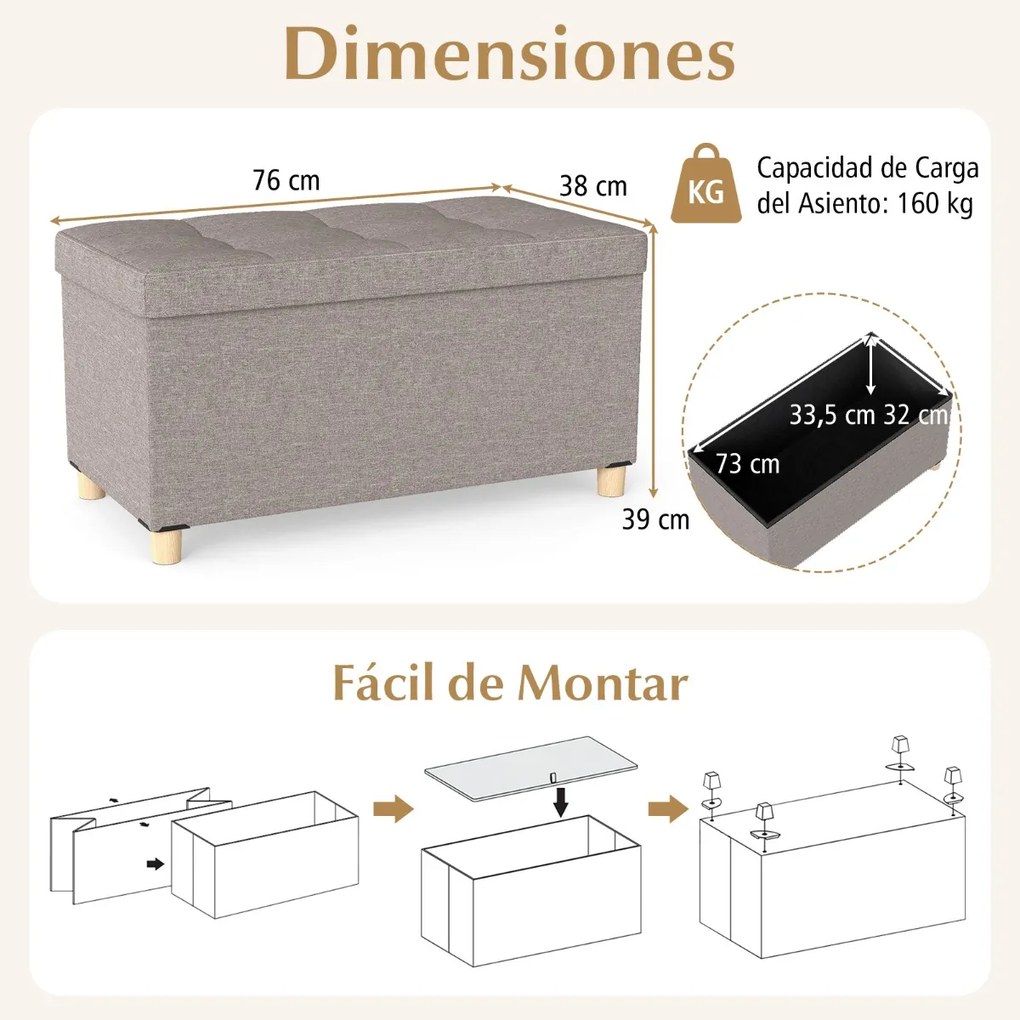 Banco com Arrumação, 76 x 38 x 39 cm, Tecido de Linho com Bandeja, Pernas de Madeira com Pés de Borracha, para Sala, Quarto ou Entrada, Cinza