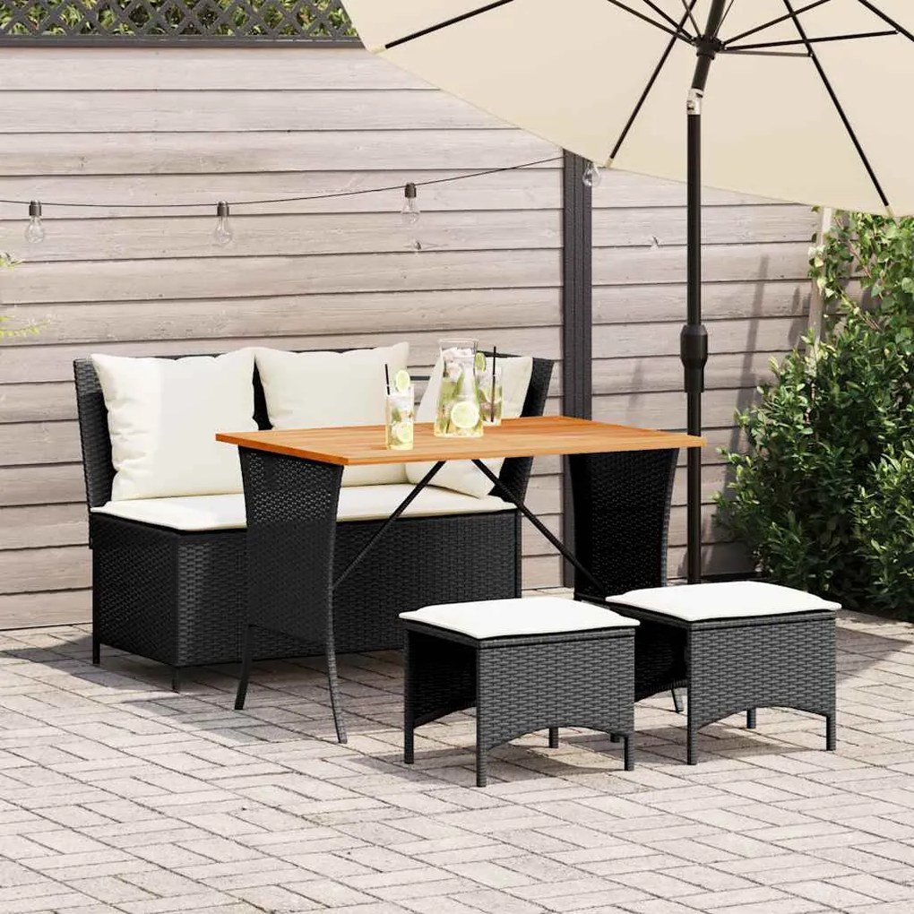 4 pcs conjunto de jardim p/ jardim c/ almofadões vime PE preto