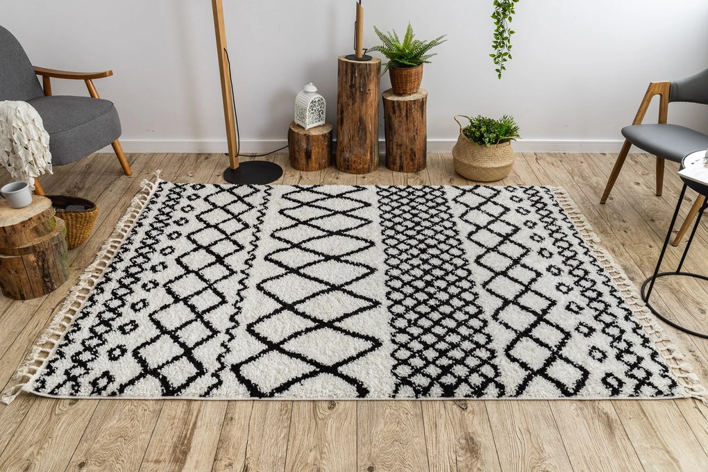 Tapete PROMO BERBER SAFI N9040 branco/preto Franjas berbere marroquino shaggy