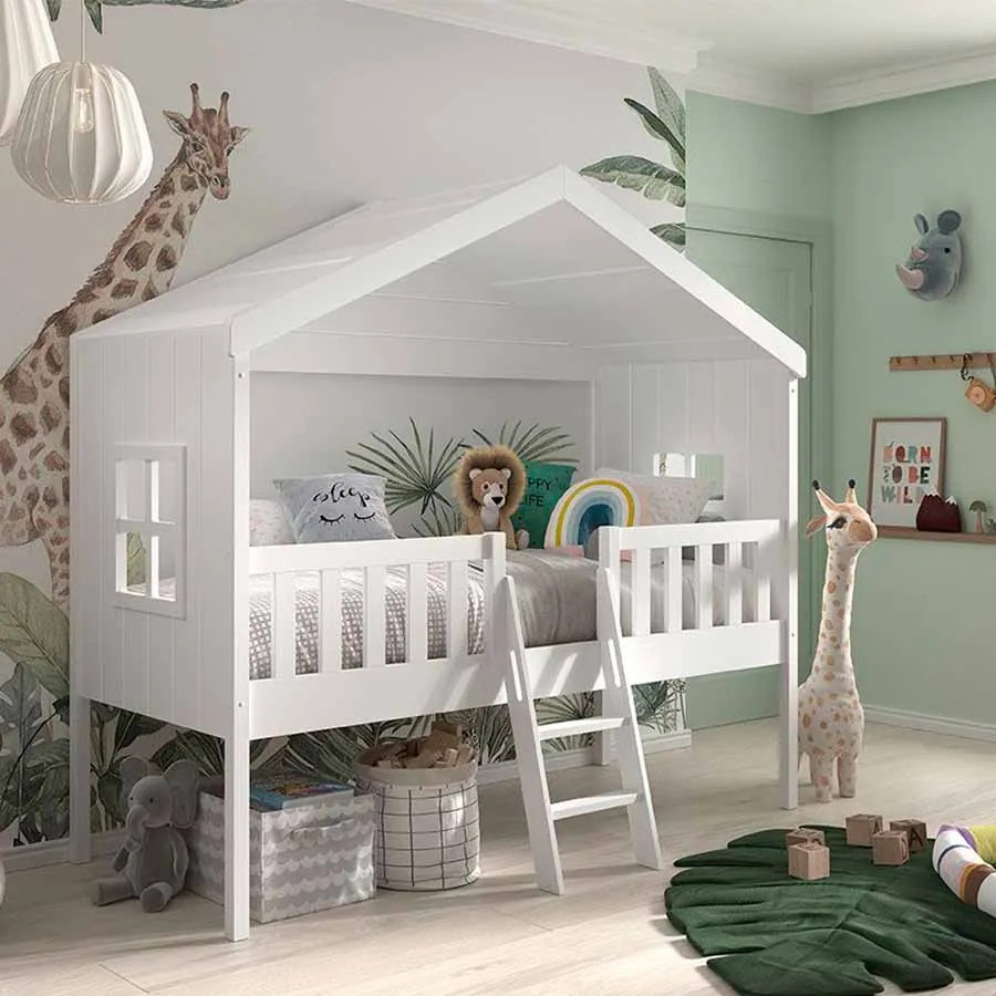 Cama para Crianças Casa HOUSEBED COM ESCADA BRANCA
