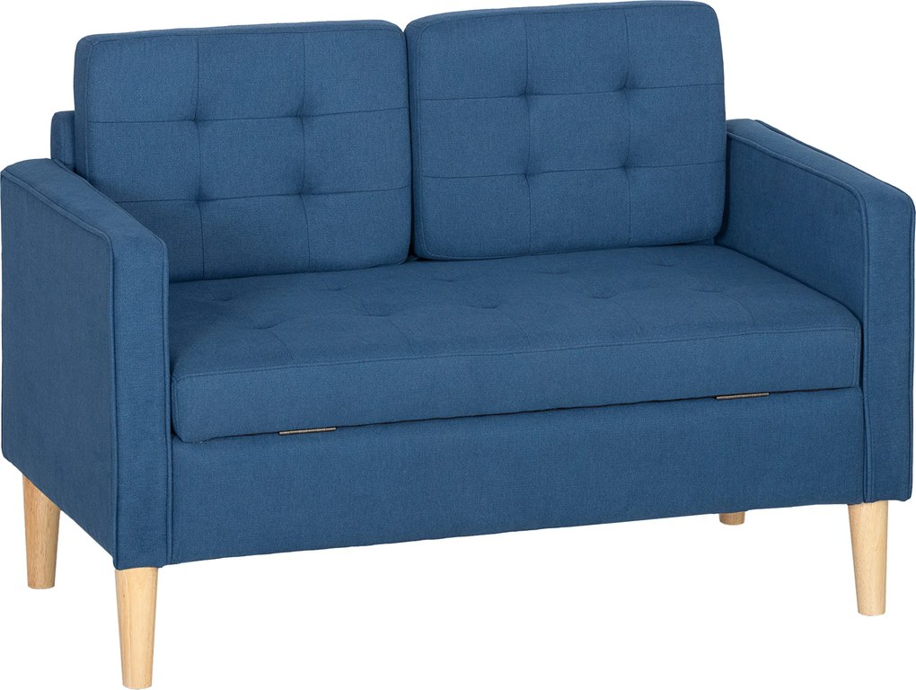 HOMCOM Sofá 2 lugares com armazenamento, capitonê, almofada, madeira de seringueira, 117x62x78cm, Azul | Aosom Portugal