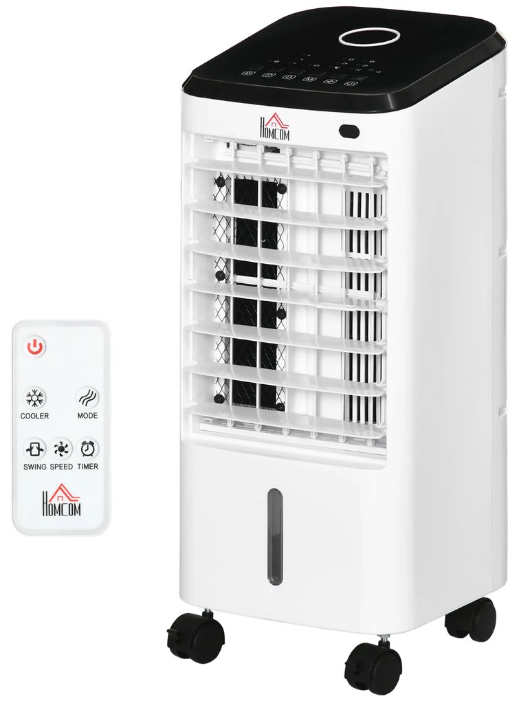 HOMCOM Climatizador Refrigerador de Ar Portátil 3,5 L Climatizador Humidificador Ventoinha Temporizador Oscilação 24,5x27x60 cm Branco