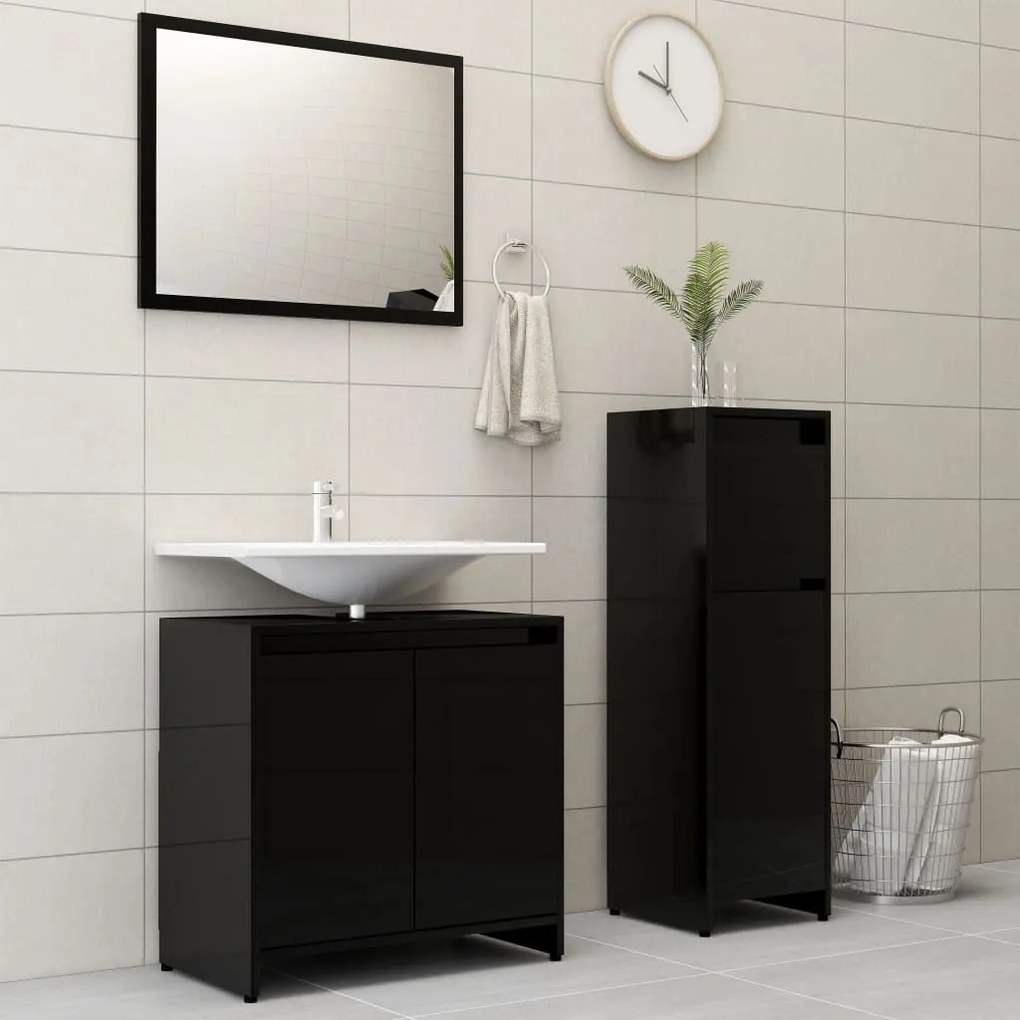 vidaXL 3 pcs conj. móveis casa de banho contraplacado preto brilhante