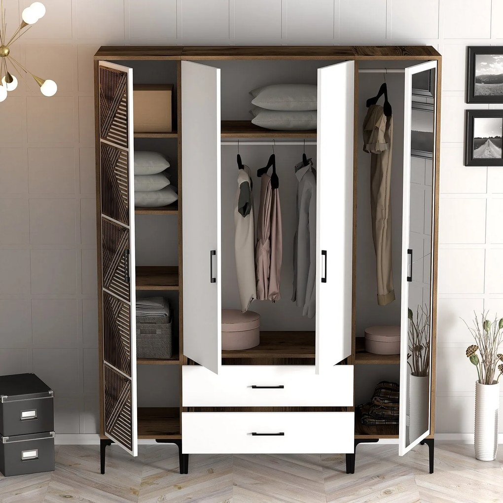 Roupeiro Kumsal PTR – Nogueira e Branco – 160x47,5x201,4 cm