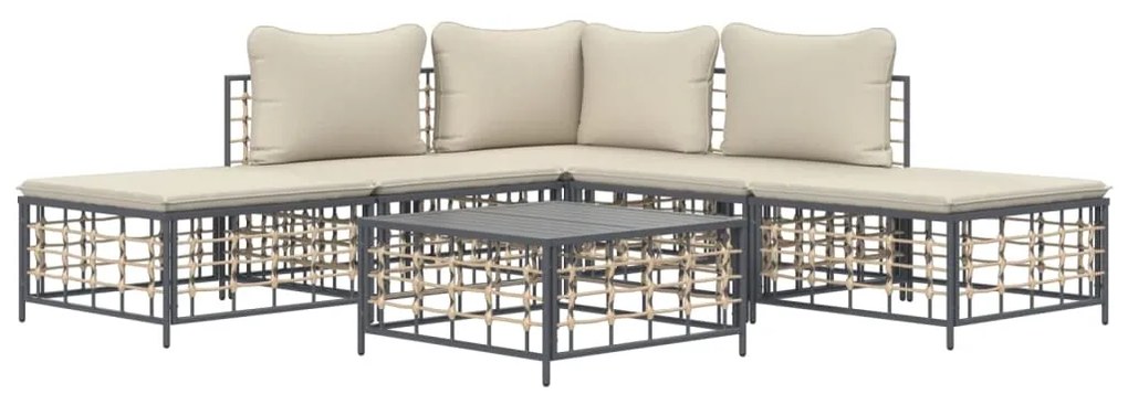 6 pcs conjunto lounge de jardim c/ almofadões vime PE antracite