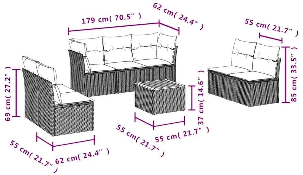 8 pcs conjunto sofás p/ jardim c/ almofadões vime PE cinzento