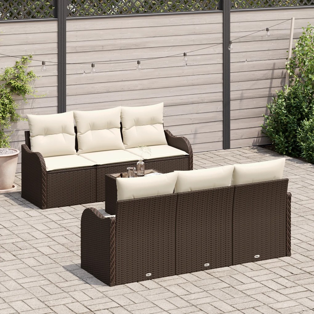 Conjunto de Sofá Jardim de 7 Peças com Almofadas Castanho Rattan Poly,