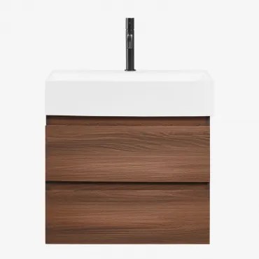 Conjunto De Móvel De Casa De Banho Suspenso Em Madeira E Folha De Freixo Com Lavatório Integrado Ona Madeira Escura & Sem Espelho & Preto - Sklum