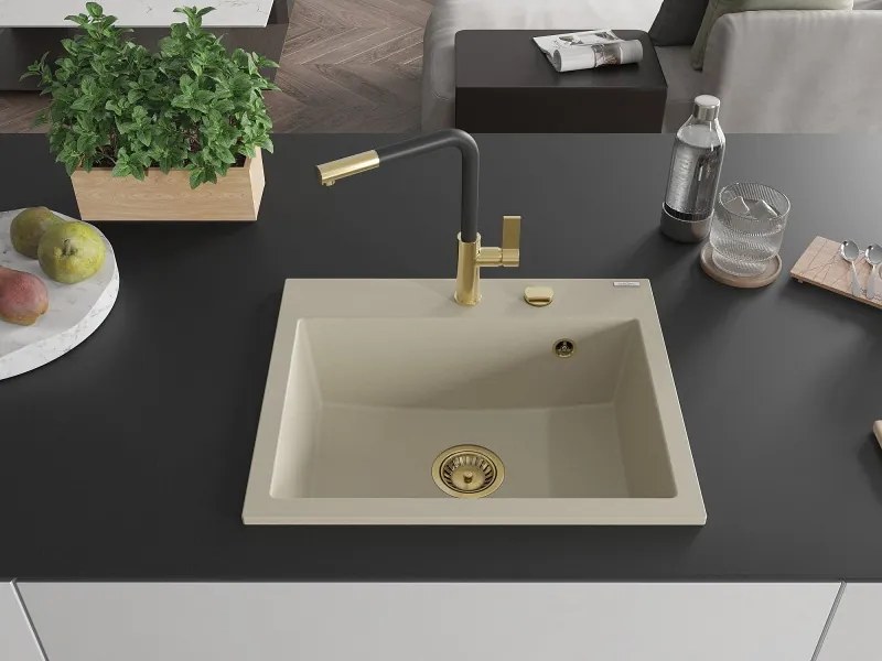 Mexen Oscar lava-louça de granito de 1 bacia 580 x 490 mm, bege, sifão dourado - 6519581000-69-G
