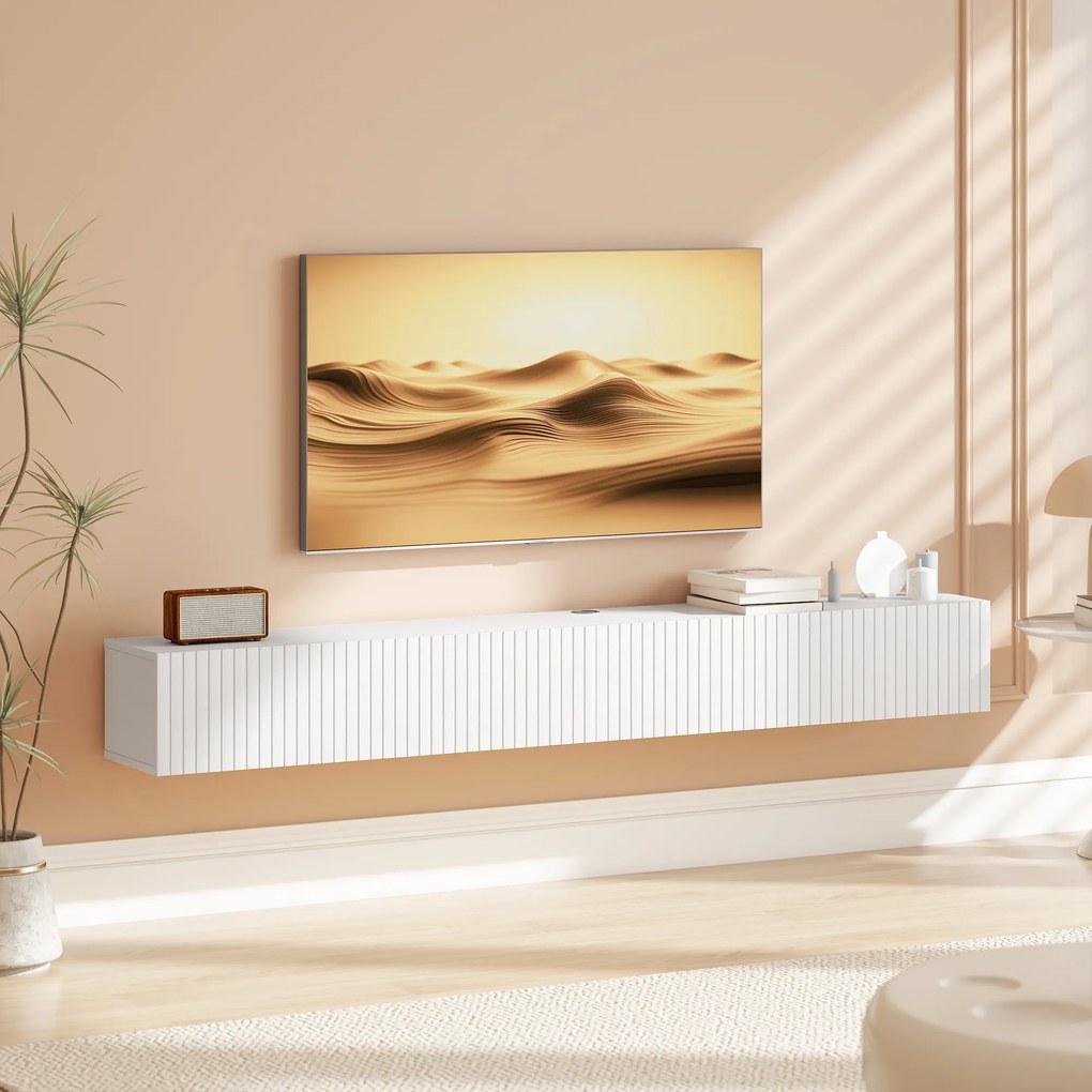 Móvel de TV suspenso 180 x 25 x 22 cm, móvel para televisor de 72 polegadas, 2 portas rebatíveis, branco