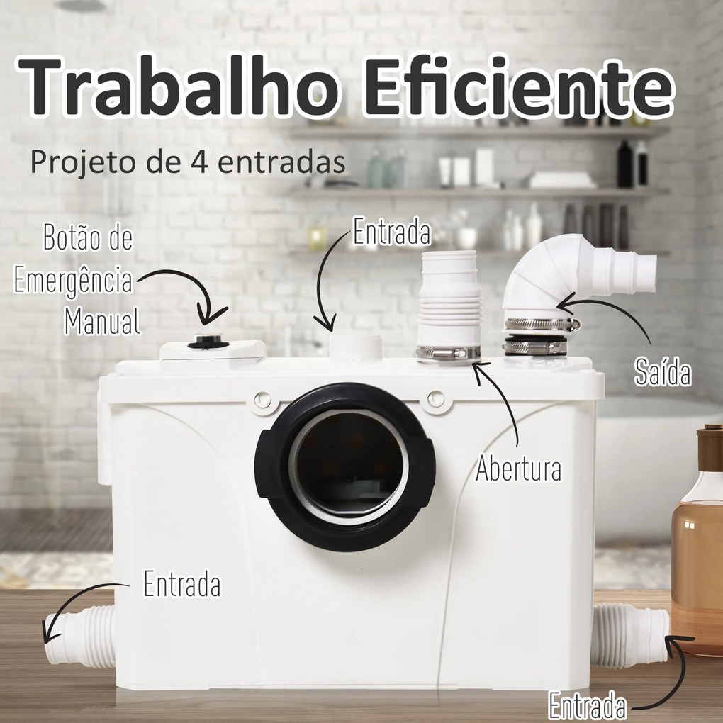 HomCom Bomba Trituradora de Águas Residuais para Casa de banho, Lavatório ou Cozinha Trituradora de 600 W com 3 Entradas - 51 x 21 x 31 cm