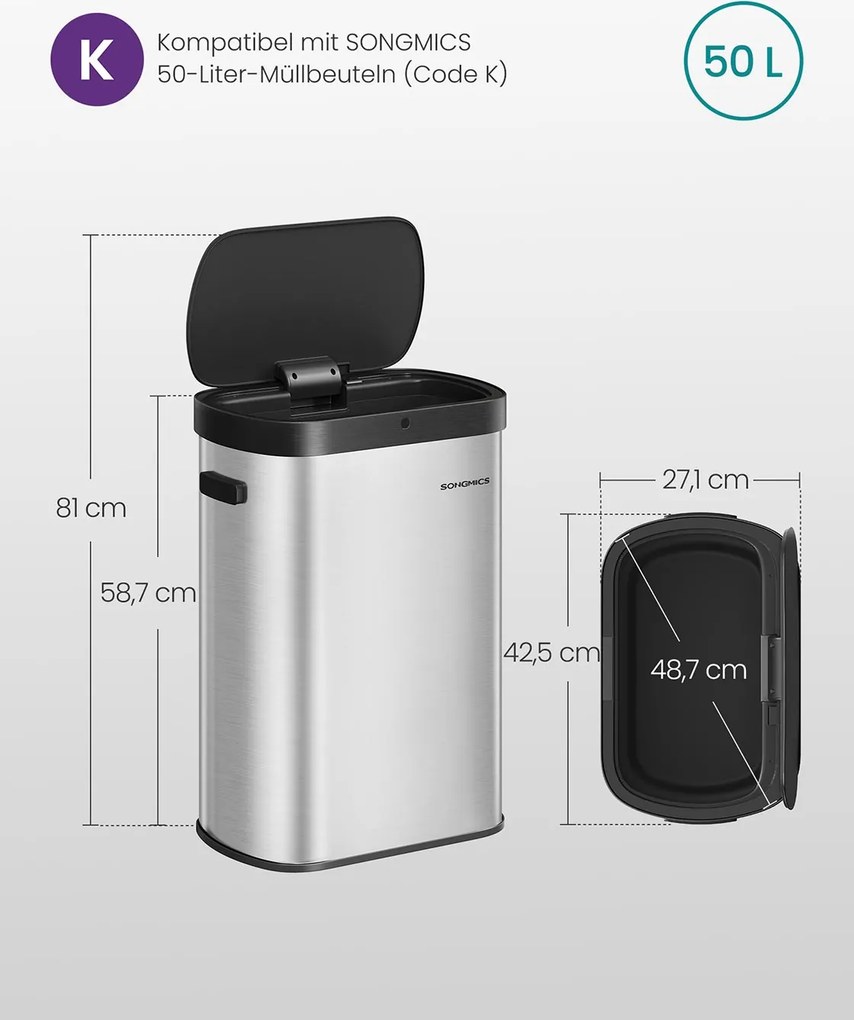 Caixote do lixo automático 50 litros com sensor e tampa de fecho suave em aço 42,5 x 27,1 x 58,7 cm Prateado metálico e Preto