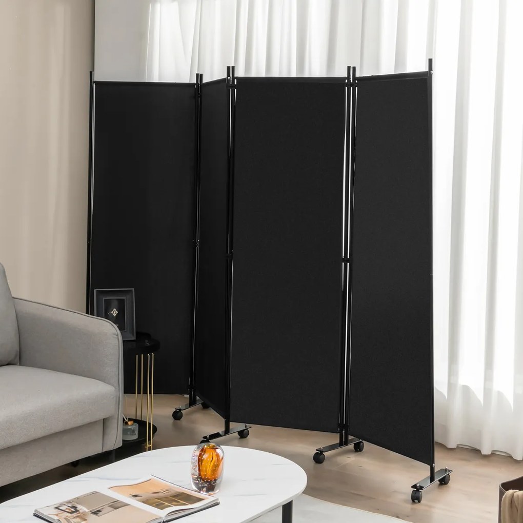 Biombo 4 Painéis Divisor de Ambiente com Rodas Telas de Privacidade Divisor de Ambiente para Casa escritório 225 x 30 x 173 cm Preto
