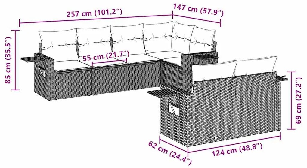 7 pcs conjunto de sofás jardim c/ almofadões vime PE castanho