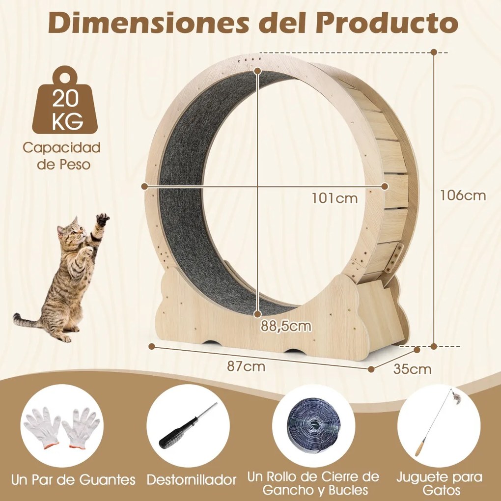Roda de exercício grande 101 cm para gatos de interior com mecanismo bloqueável, pista almofadada e Estrutura de madeira para uma saúde natural,