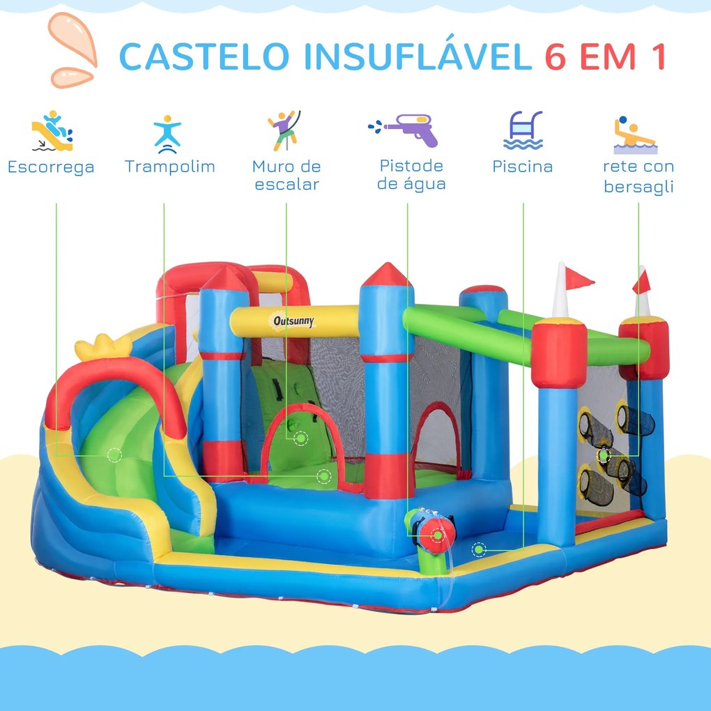 Castelo Insuflável Infantil com Escorrega Castelo Insuflável para Crianças de 3-8 Anos com Trampolim Piscina Insuflador e Bolsa de Transporte 390x300x