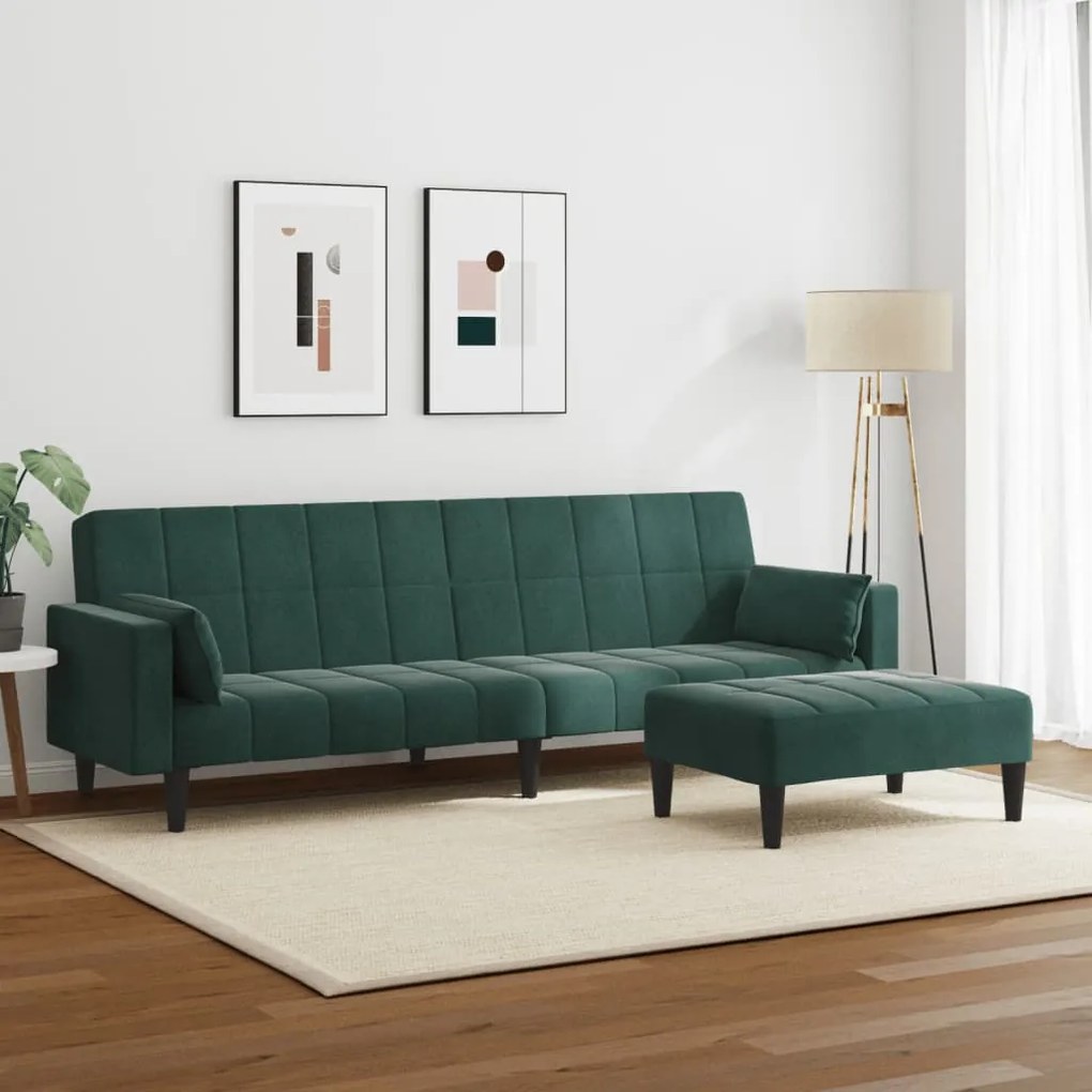 Sofá-cama 2 lugares c/ apoio de pés veludo verde-escuro