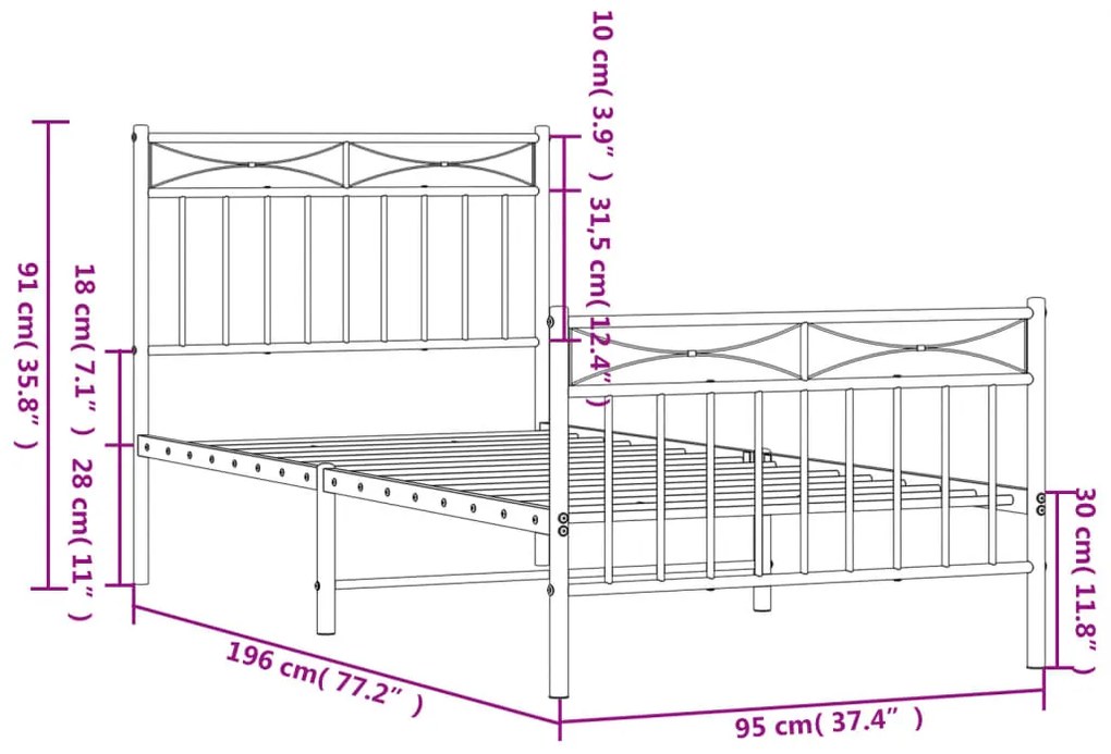 Estrutura de cama com cabeceira e pés 90x190 cm metal branco