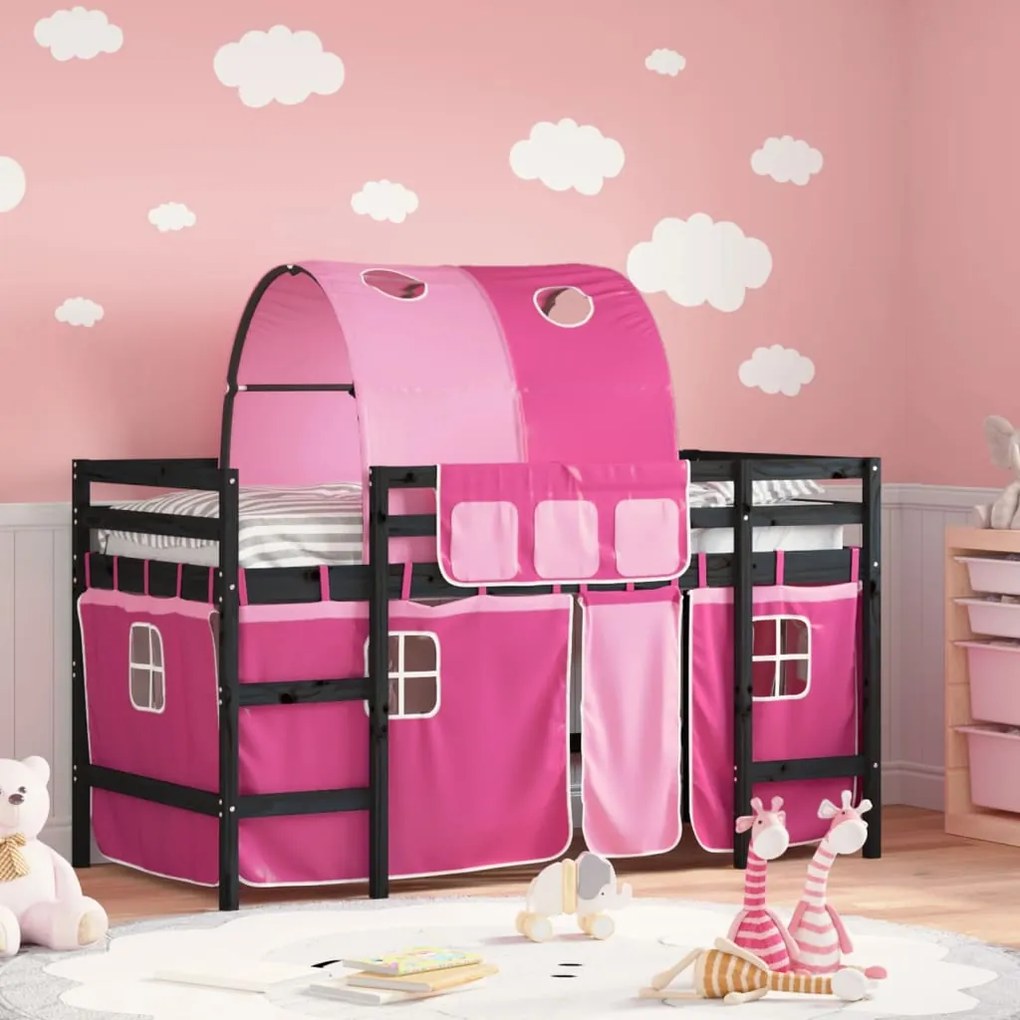 vidaXL Cama alta p/ criança c/ túnel 90x200 cm pinho maciço rosa