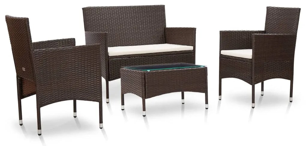 45811 vidaXL 4 pcs conjunto lounge jardim c/ almofadões vime PE castanho
