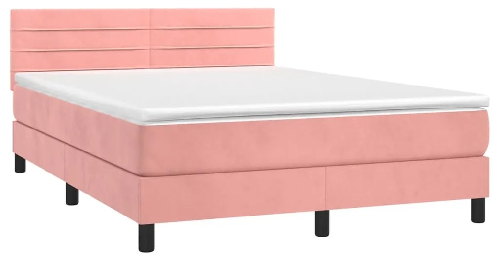 Cama box spring c/ colchão/LED 140x190 cm veludo rosa