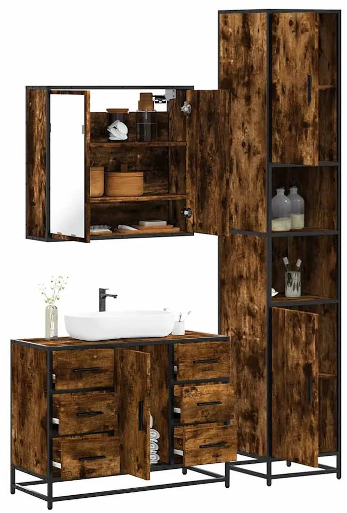 vidaXL 3 pcs conjunto de móveis WC madeira processada carvalho fumado