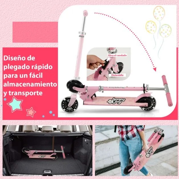 Trotinete dobrável para crianças com 2 rodas intermitentes Guiador ajustável Sistema de travão traseiro Rosa