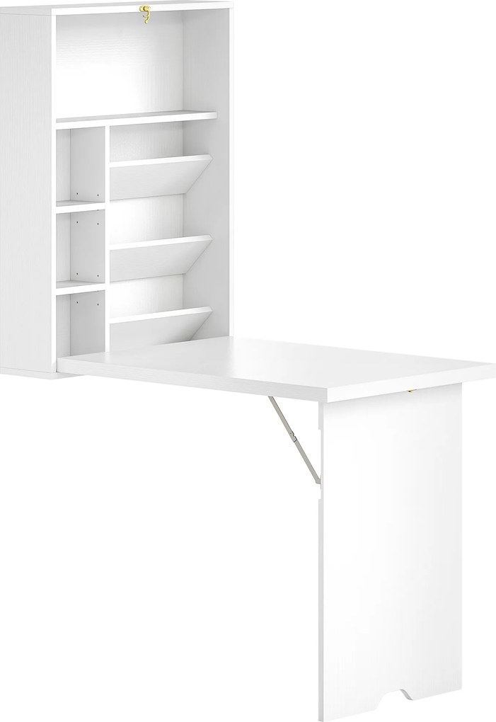 HOMCOM Secretária de parede dobrável, mesa mural dobrável com prateleiras para sala, sala de jantar, escritório, 93,8 x 60 x 147 cm, branco | Aosom Portugal