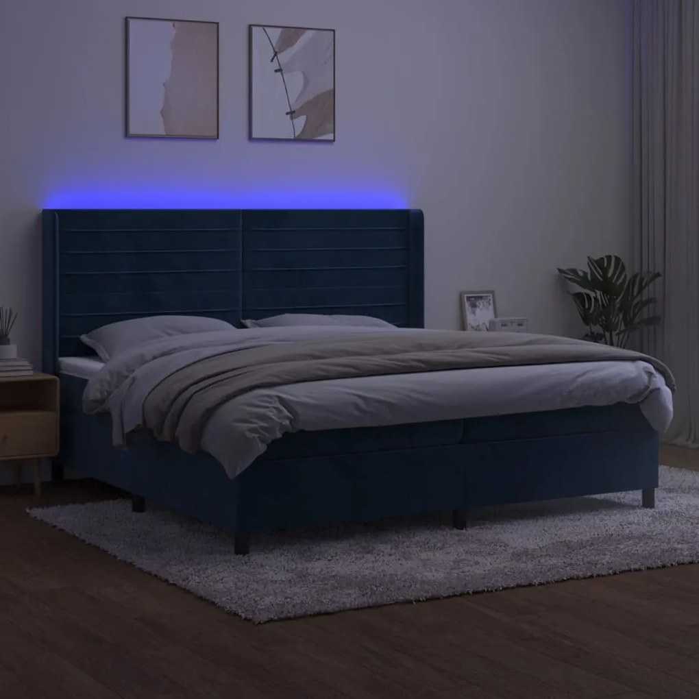 Cama box spring c/ colchão/LED 200x200 cm veludo azul-escuro