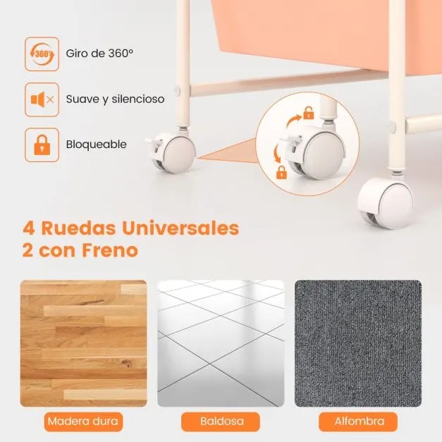 Carrinho multiusos com gavetas removíveis e rodas bloqueáveis 63 x 37 x 87 cm rosa claro
