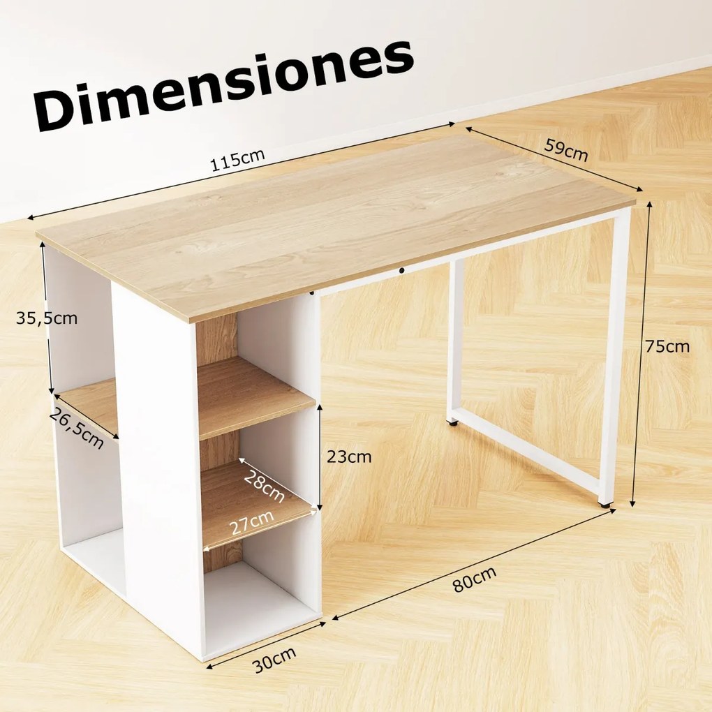 Secretária para computador moderna para escritório em casa 115 x 59 x 75 cm com 5 compartimentos de armazenamento Natural
