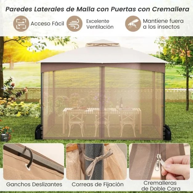 Pérgula para jardim 365x300 cm com paredes de malha com pesos areia Estrutura metálica resistente Portas com fecho Caqui