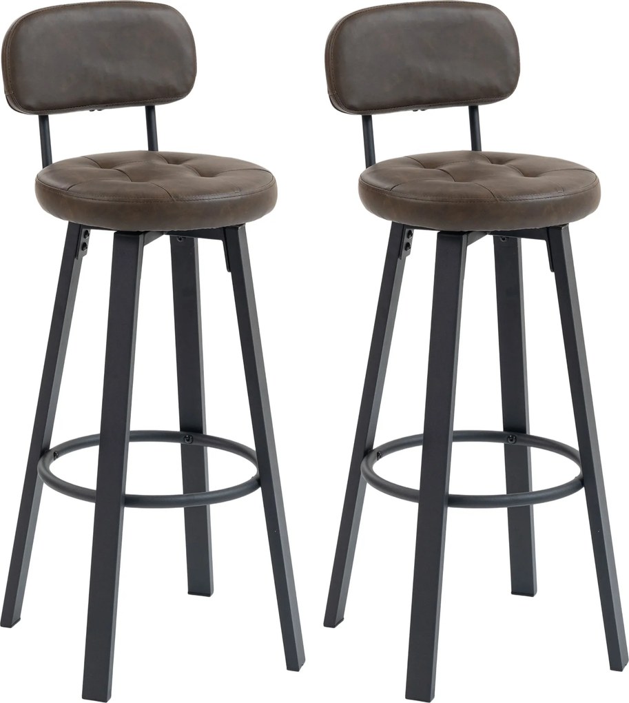 HOMCOM Conjunto de 2 Bancos de Bar Bancos Altos de Cozinha Giratórios Estofados em PU com Apoio para os Pés 35,5x43,5x98 cm Castanho Escuro | Aosom Portugal