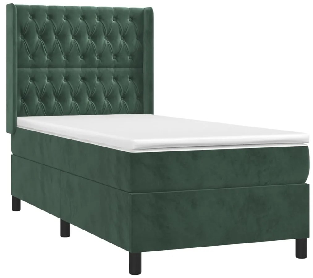 Cama box spring c/ colchão/LED 90x190 cm veludo verde-escuro