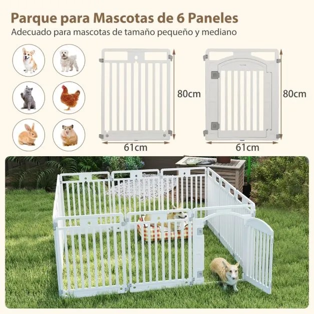 Parque para cães com 6 painéis de 81 cm com porta com fecho seguro e estacas para fixar no solo ideal para animais de estimação pequenos e médios bran