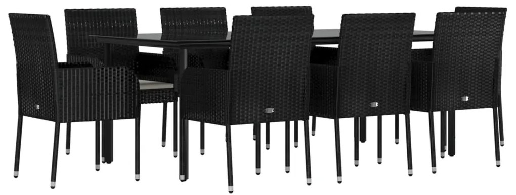 9 pcs conjunto de jantar p/ jardim c/ almofadões vime PE preto