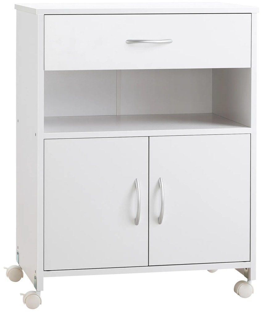Armário para Impressora Móvel para Impressora com Rodas Gaveta 2 Portas e Compartimento Aberto para Sala de Estar Escritório Estúdio 60x39x80cm Branco