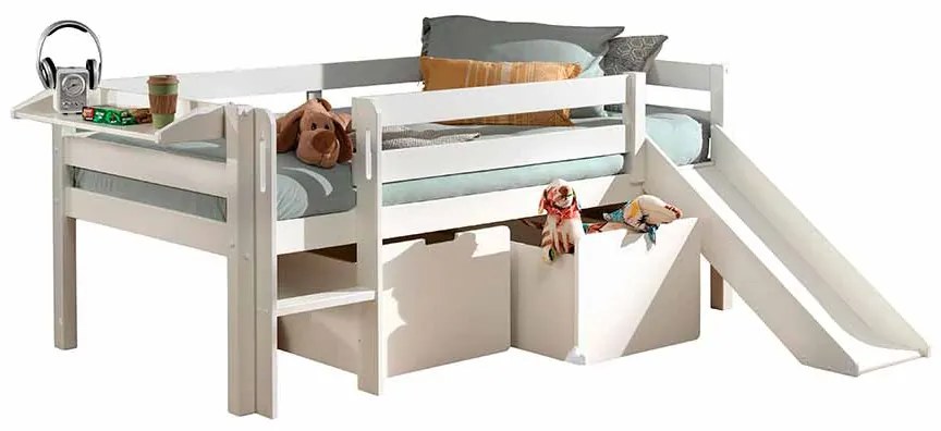 Conjunto Cama alta de Criança PINO 90 x 200 cm + estrado + escada + escorrega + conjunto de 2 gavetas e prateleira suspensa Branca