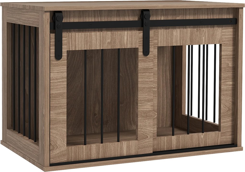Gaiola para cães e animais de estimação 57 x 80 x 54 cm, para interior, com porta de correr, em metal com efeito de madeira castanho