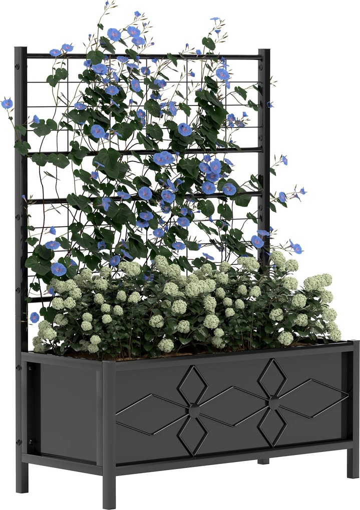 Floreira elevada para jardim com treliça, em aço galvanizado com padrão em losango, 90 x 40 x 120 cm, preta