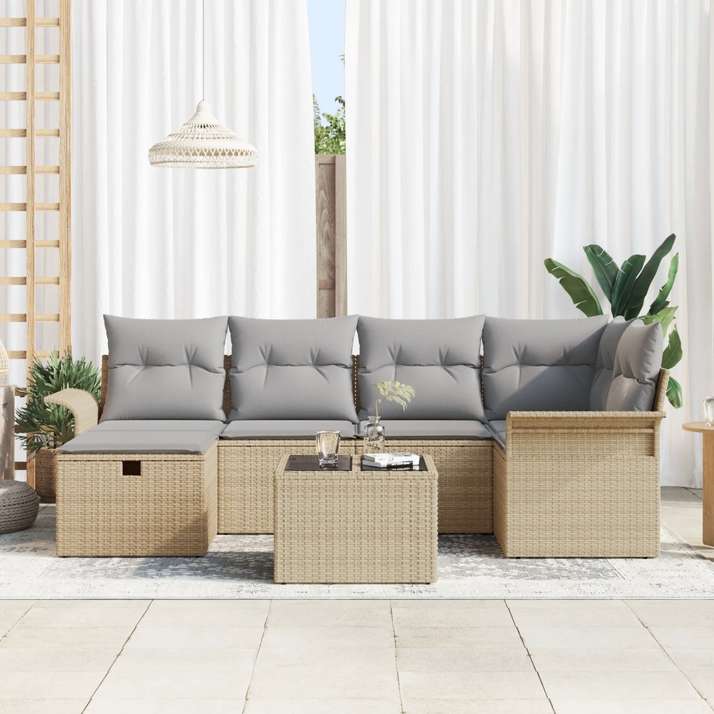 Conjunto de Sofás de Jardim de 7 peças com Almofadas Bege Poliratan